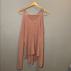 long sleeve waffle knit off shoulder top